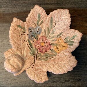 Vallauris Signed Pottery Leaf Shaped Handpainted Flowers Handmade France Vintage